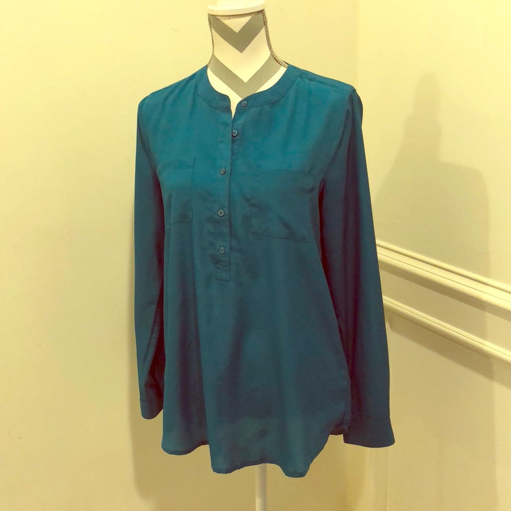 Old Navy Women's Teal Bluish Green Henley Blouse Long Sleeve Shirt Size Medium